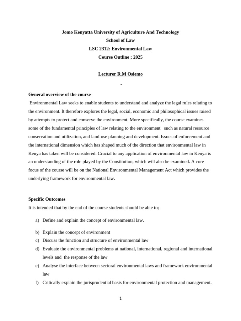 Environmental Law Course Outline 2025 | PDF | Environmental Law ...