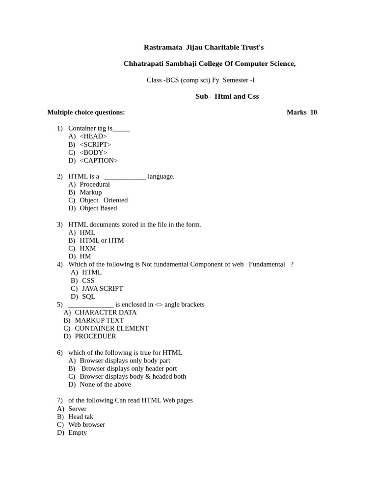 HTML and CSS MCQ and Questions | PDF