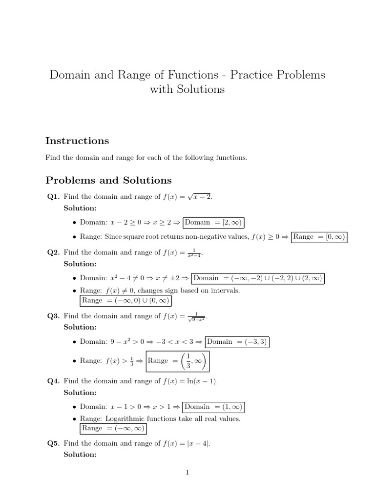 Domain and Range Practice Problems | PDF | Function (Mathematics ...