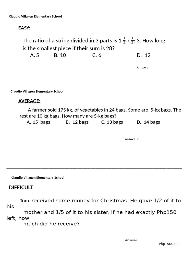 Math Problems for Elementary Students | PDF