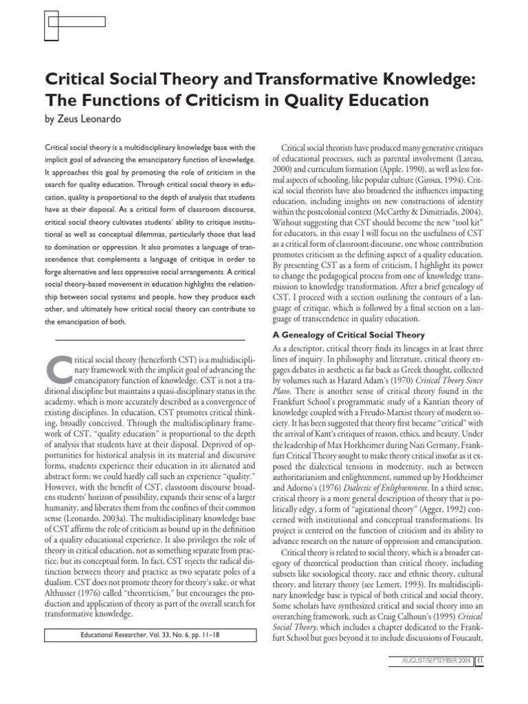 Critical Social Theory in Education | PDF | Critical Theory | John Dewey
