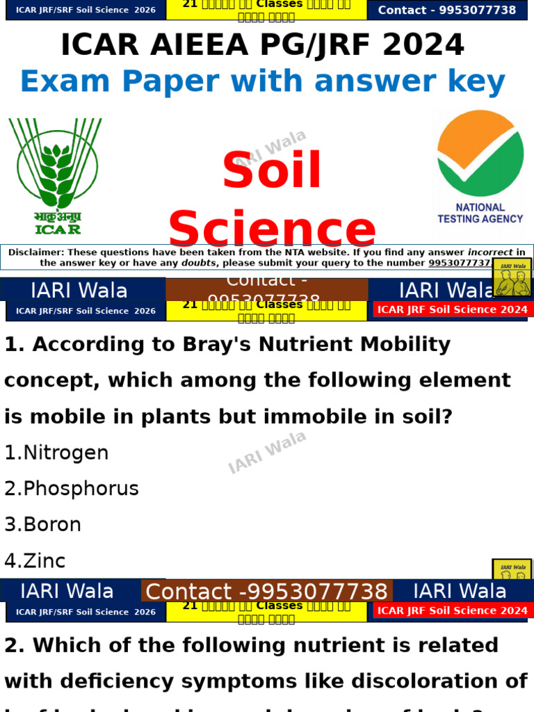 ICAR JRF/SRF Soil Science 2024 Exam Guide | PDF | Soil | Ammonium