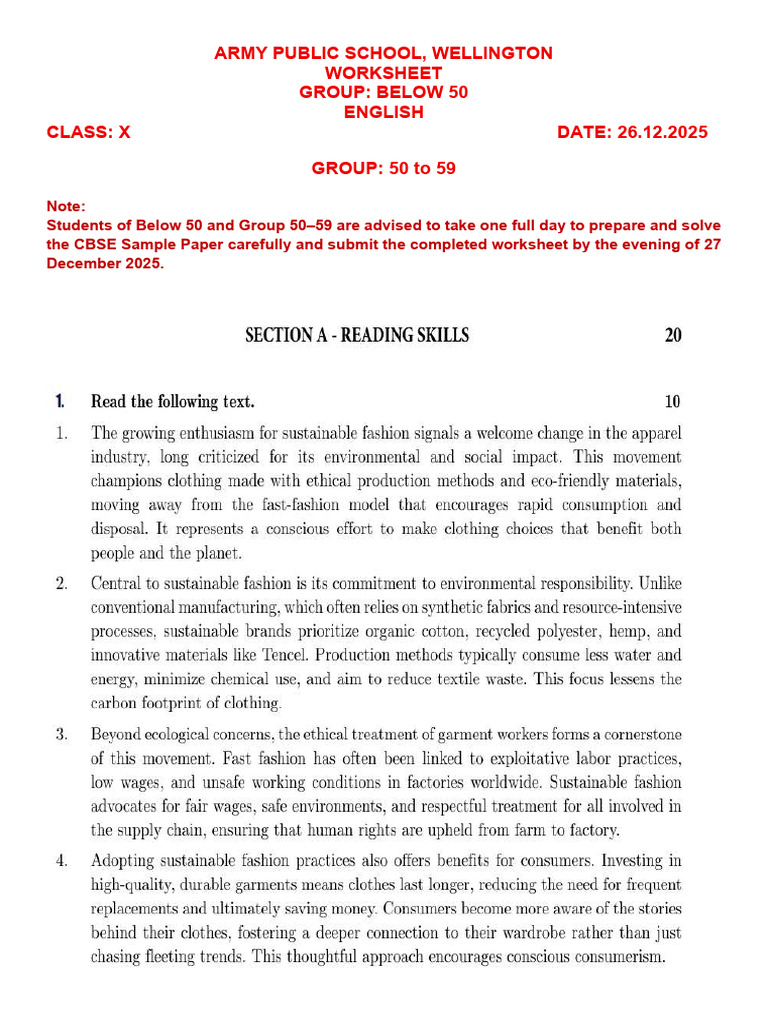 APS Wellington Class X English Worksheet | PDF