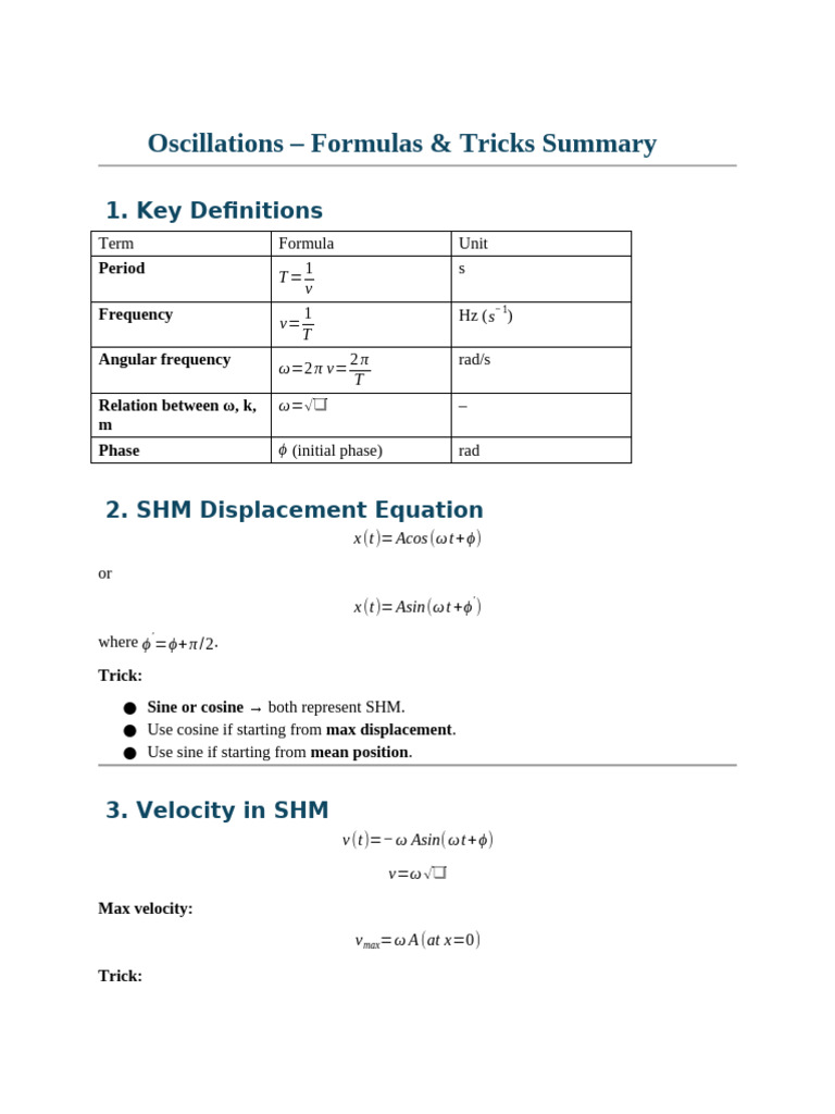 SHM Formulas and Key Concepts Guide | PDF | Oscillation | Physical ...