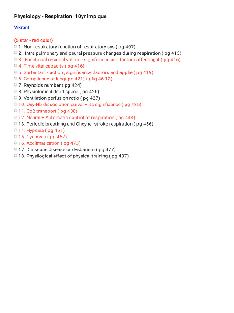 Key Respiratory Physiology Concepts | PDF