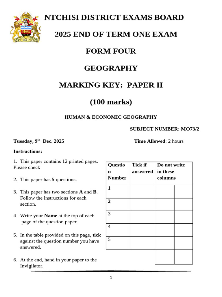 2025 Geography Exam Marking Key - Form Four | PDF
