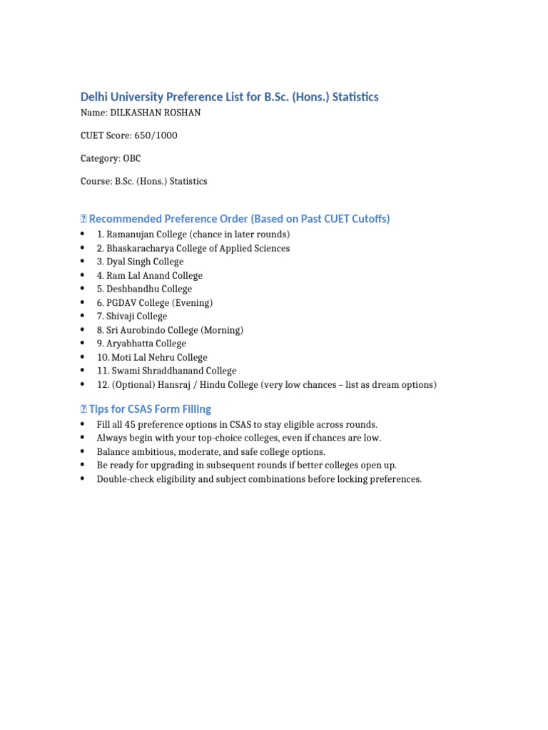DU BSC Statistics Preference List DILKASHAN ROSHAN | PDF