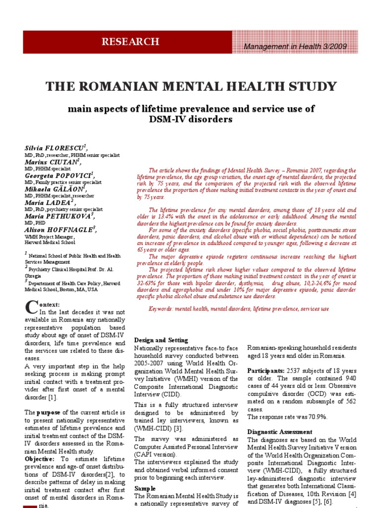 The Romanian Mental Health Study | PDF | Anxiety Disorder | Mood Disorders