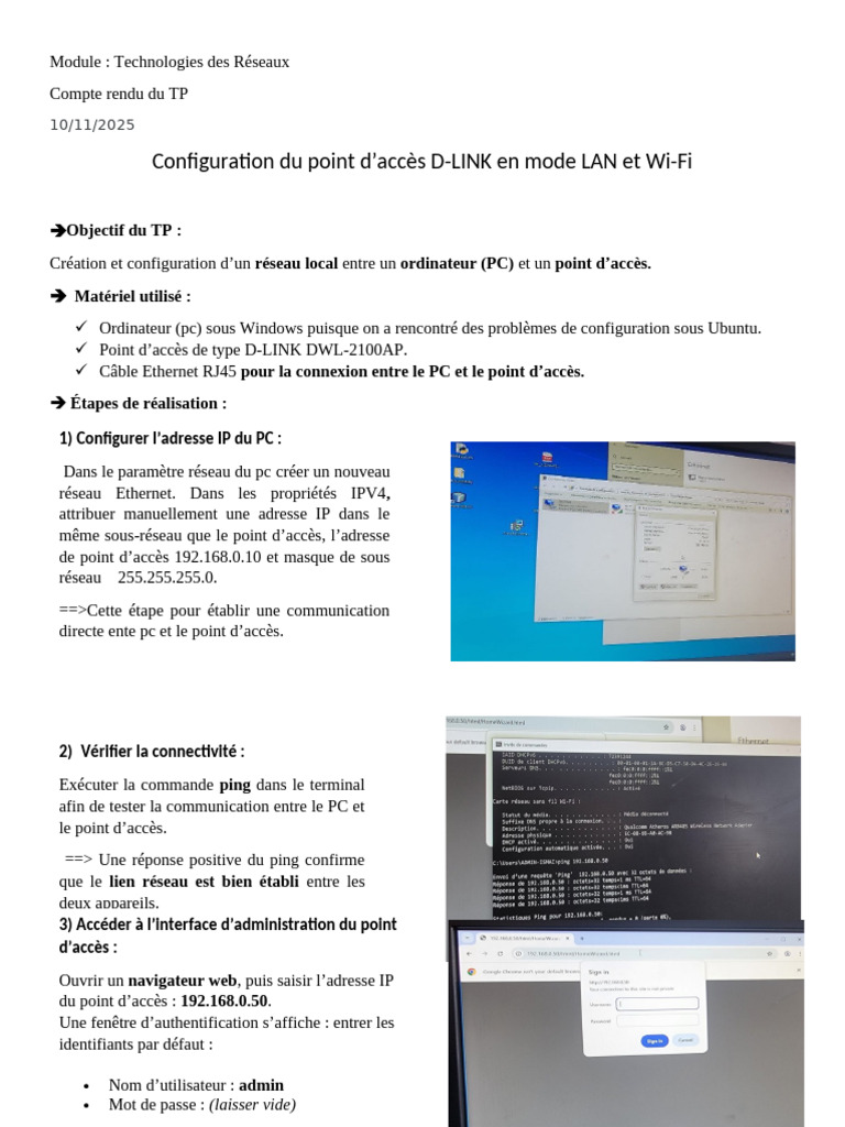 Configuration réseau D-LINK : TP pratique | PDF | Wi-Fi | Adresse IP