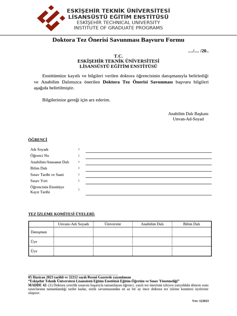 DR Tez Onerisi Savunmasi Basvuru Formu v122023 | PDF