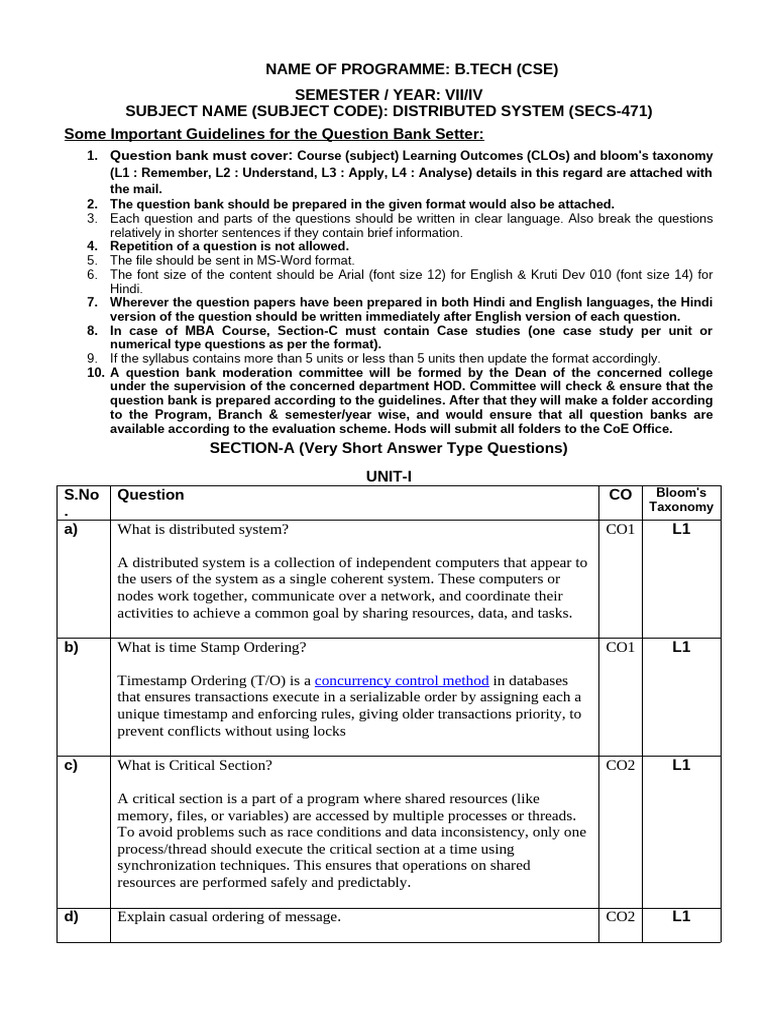 Distributed Systems Question Bank Guidelines | PDF | Database ...