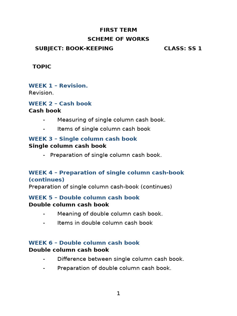 FIRST TERM SS1 Book Keeping | PDF | Debits And Credits | Bookkeeping