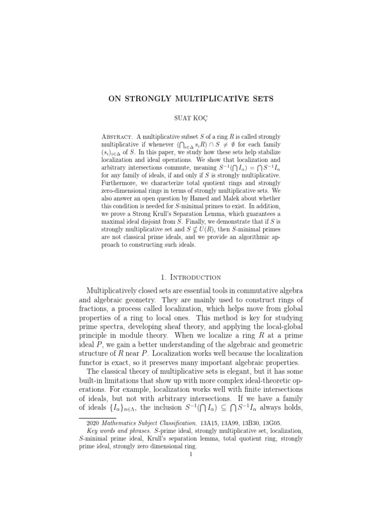 Understanding Strongly Multiplicative Sets | PDF | Ring (Mathematics ...