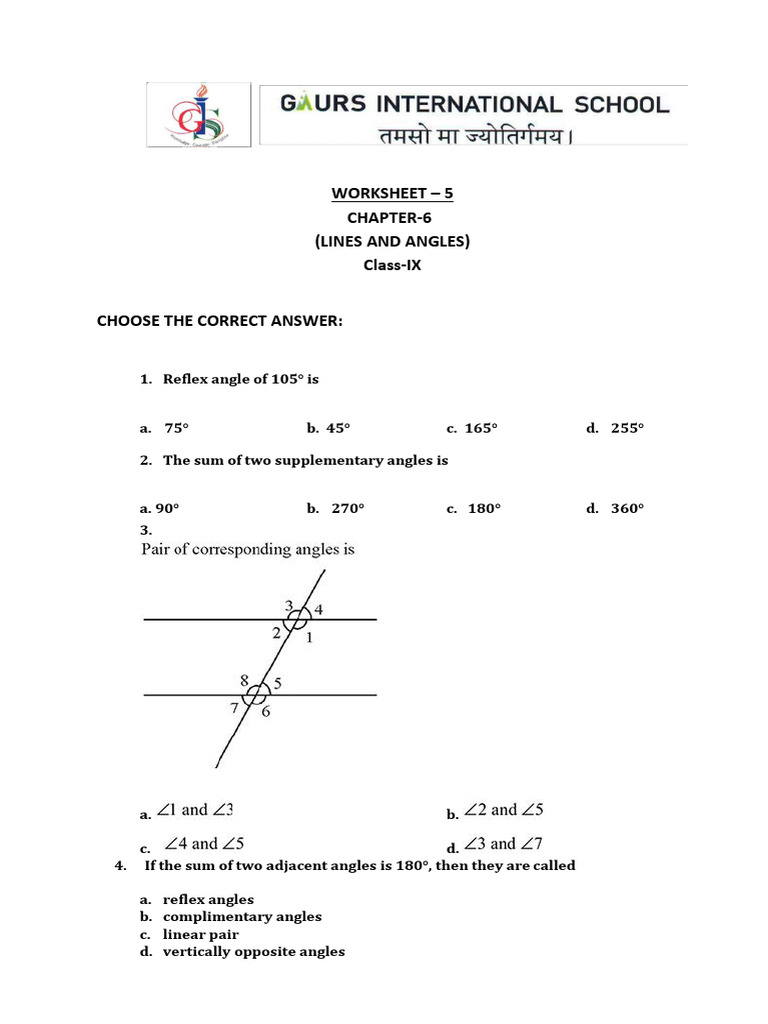 Class IX Lines and Angles Worksheet | PDF