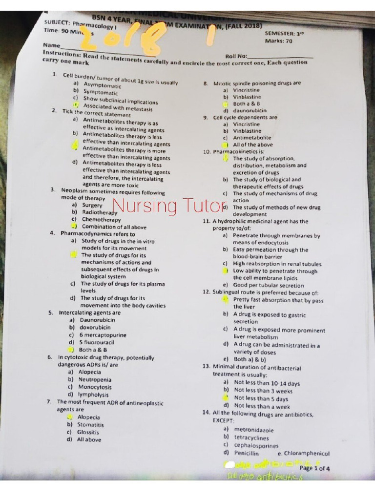 Pharma 3rd Sem BSN Past Paper 2018 by Nursing Tutor | PDF