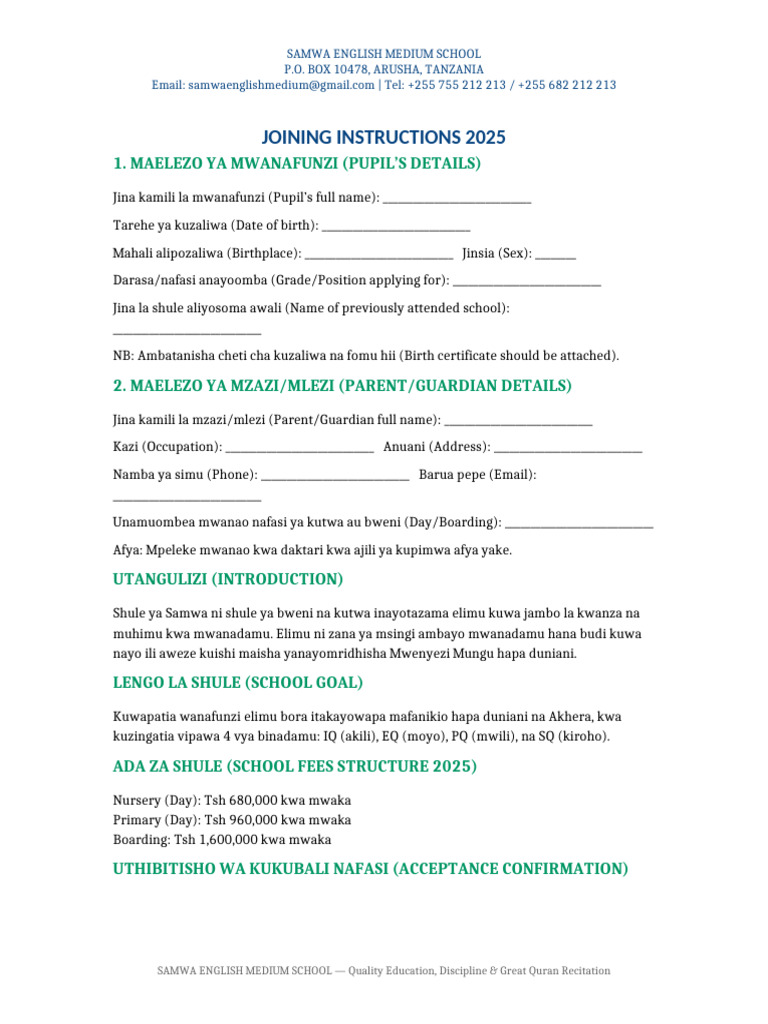 Samwa School Joining Instructions 2025 | PDF
