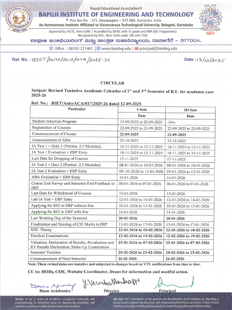 Revised Tentative Academic Callendar of 1st & 3rd Semester BE Year 2025 ...