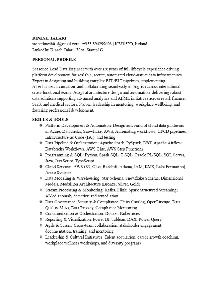 Lead Data Engineer Profile and Skills | PDF | Apache Spark | Cloud ...