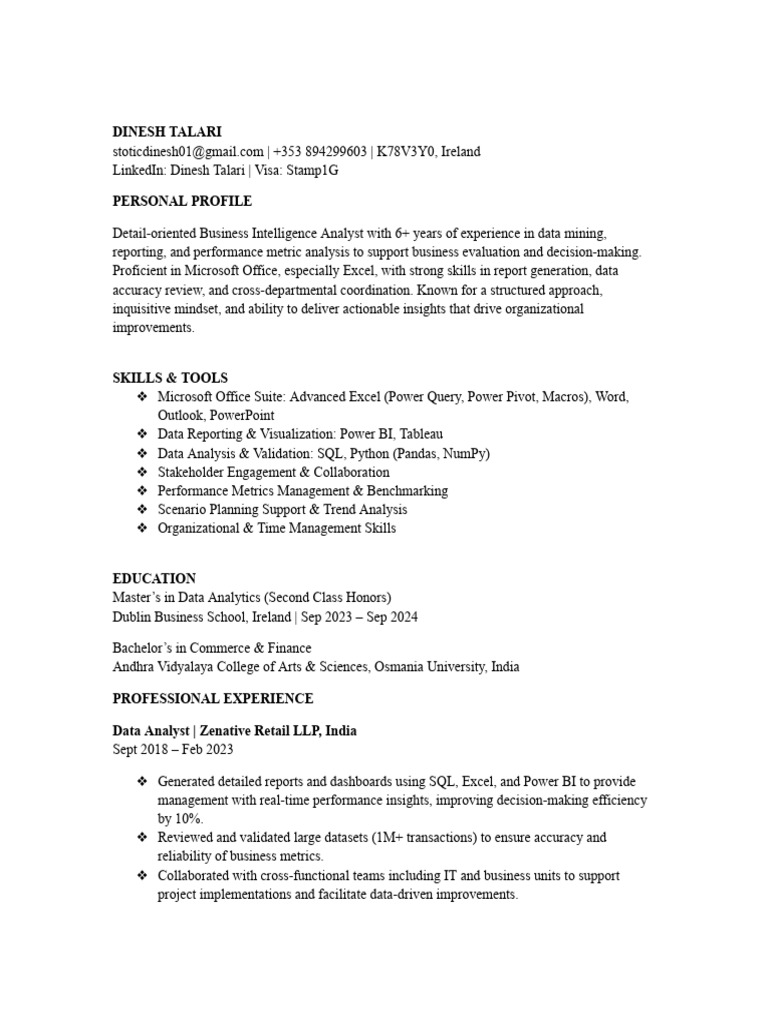 Business Intelligence Analyst Profile | PDF | Data Analysis | Microsoft ...