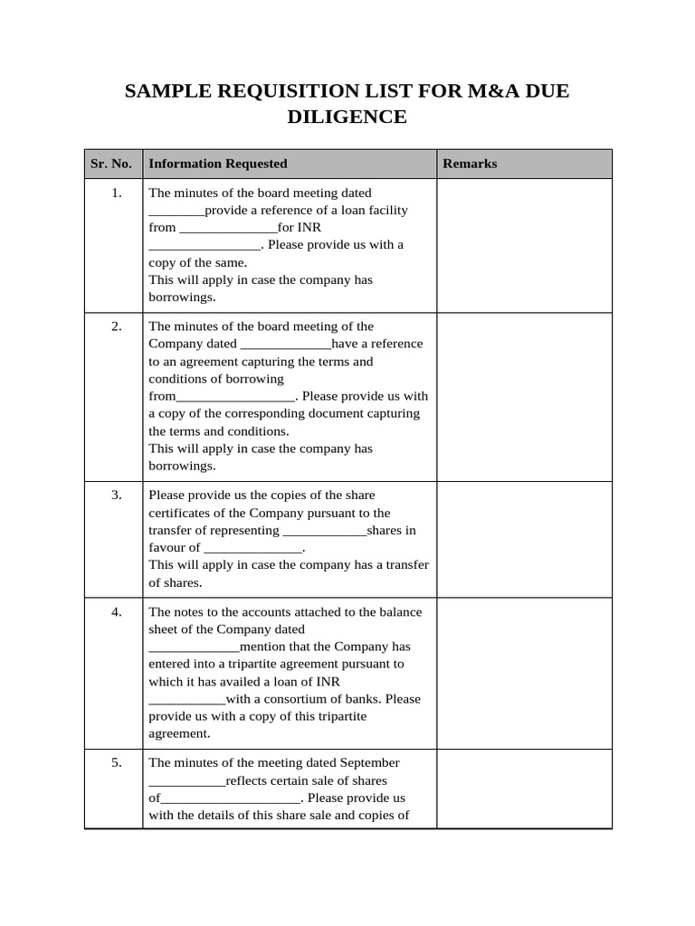 M&A Due Diligence Requisition Checklist | PDF | Insurance | Lawsuit