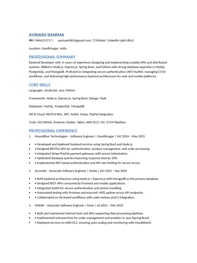 Backend Developer Resume - Avinash Sharma | PDF | Postgre Sql | Databases