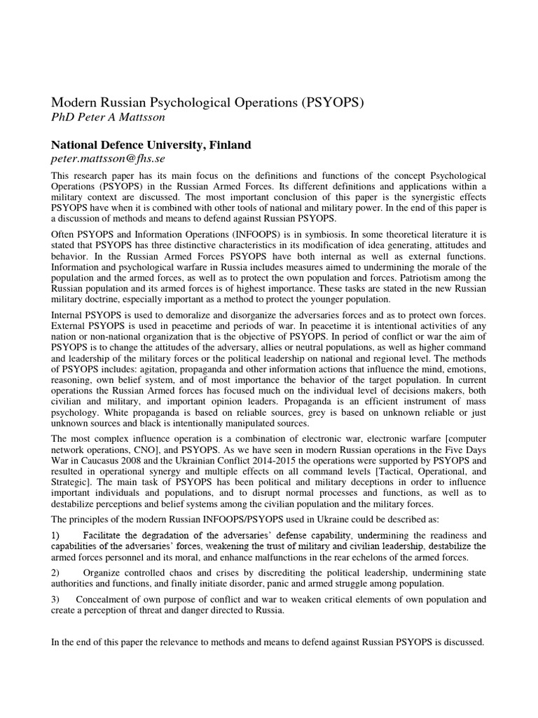 Russian PSYOPS: Strategies and Defense | PDF | Military | Psychology