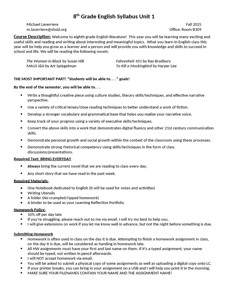 8th Grade English Syllabus Overview | PDF | English Language | Narrative