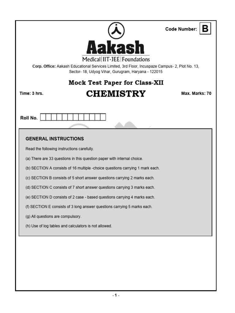 Class XII Chemistry Mock Test 2024-25 | PDF | Transition Metals ...