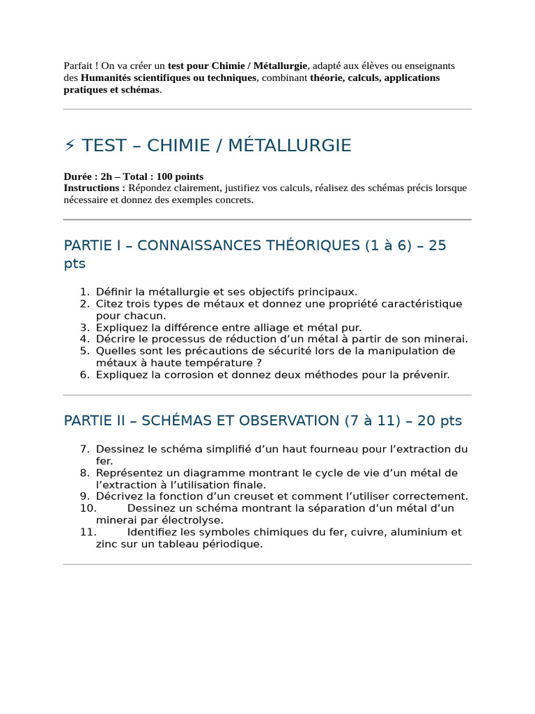 Test de Chimie et Métallurgie pour Élèves | PDF | Métaux | Cuivre