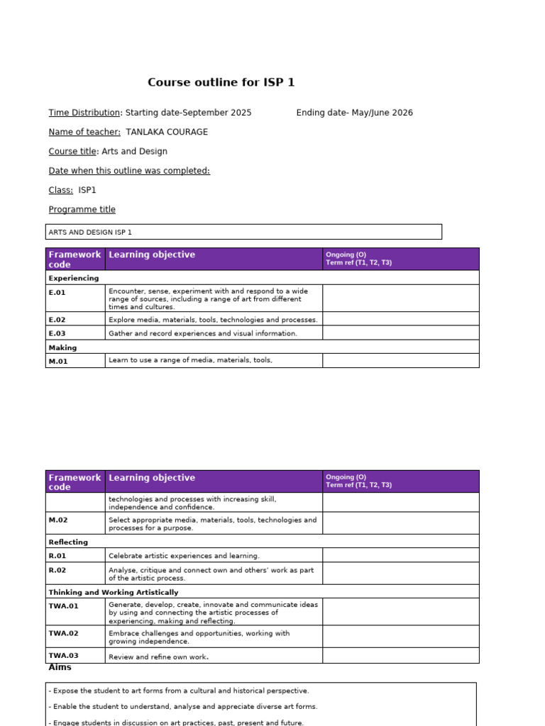 Arts and Design ISP 1 Course Outline | PDF | Drawing | Educational ...