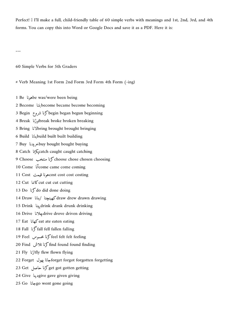 60 Simple Verbs for Kids with Forms | PDF