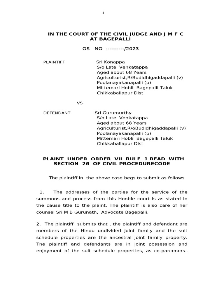 Partition Suit for Joint Family Property | PDF | Lawsuit | Affidavit