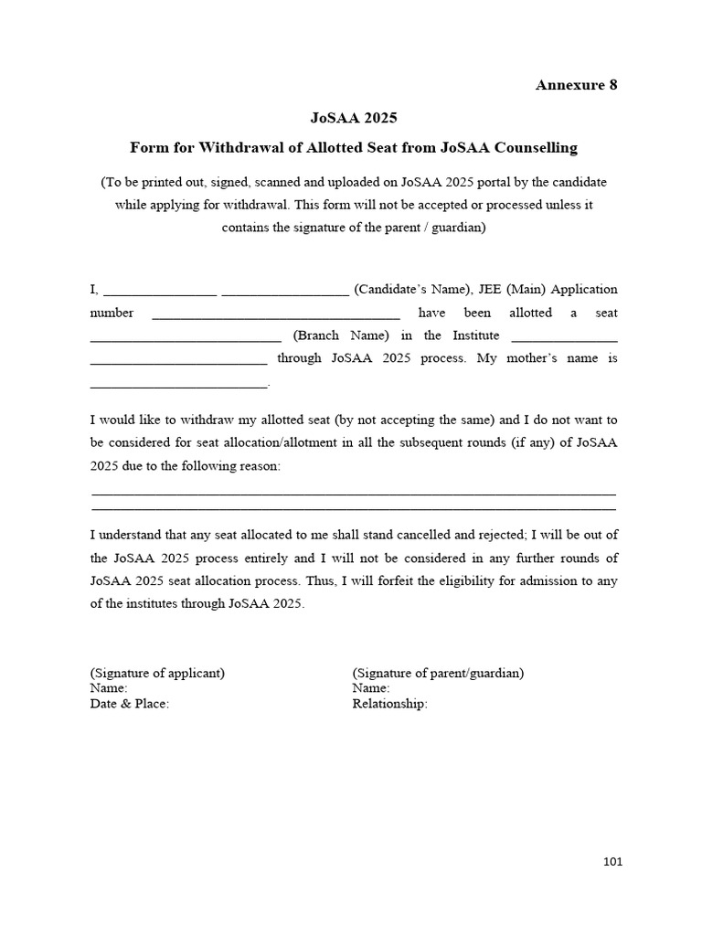 JoSAA 2025 Seat Withdrawal Form | PDF