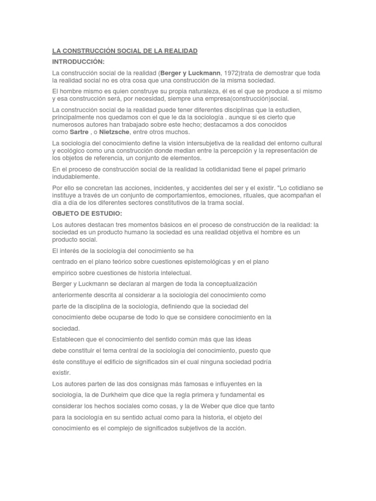 Construcción Social de la Realidad | PDF | Socialización | Conocimiento