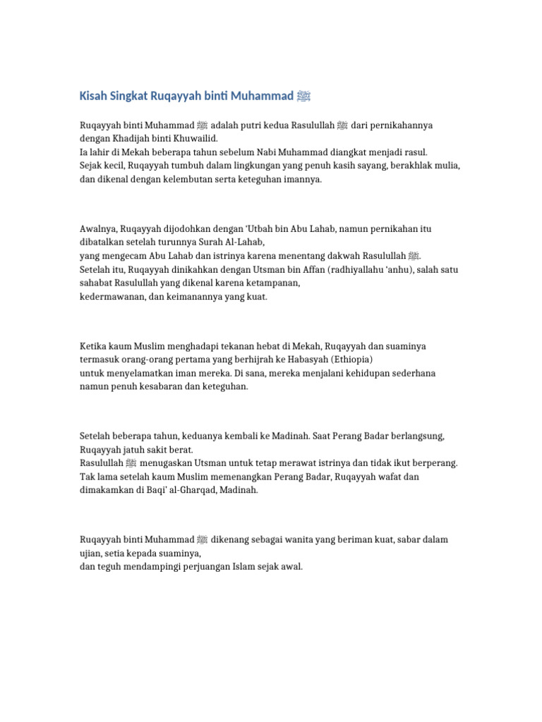 Kisah Ruqayyah Binti Muhammad ﷺ | PDF