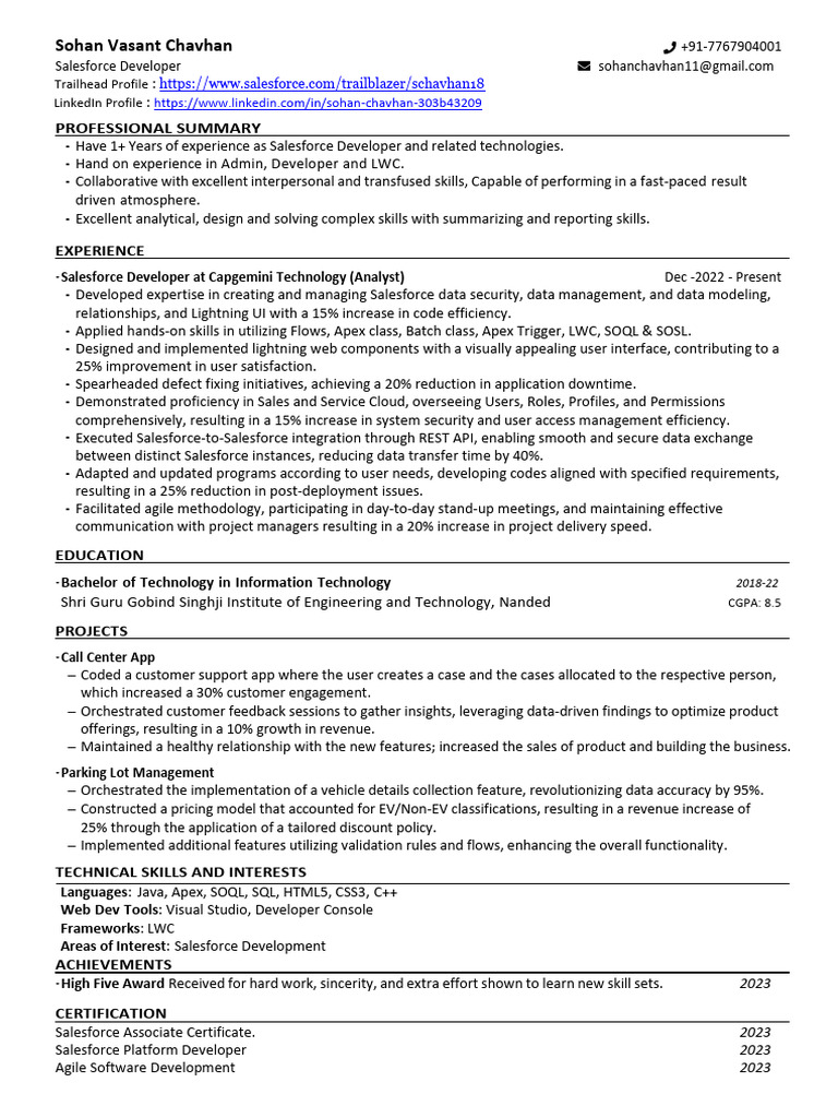 Salesforce Developer Profile: Sohan Chavhan | PDF | Software ...