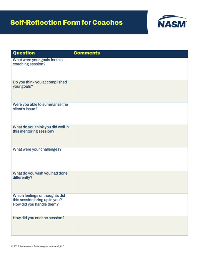 Nasm Bcs Handout Self Reflection Form For Coaches Pdf