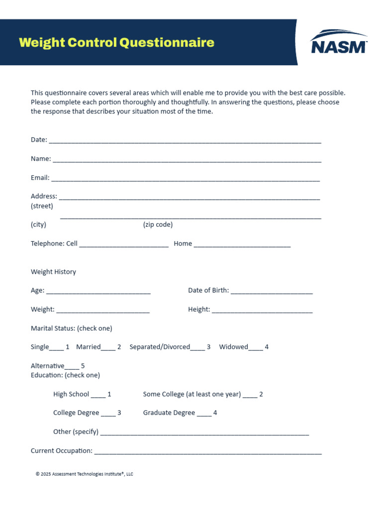Weight Control Assessment Questionnaire | PDF | Obesity | Weight Loss