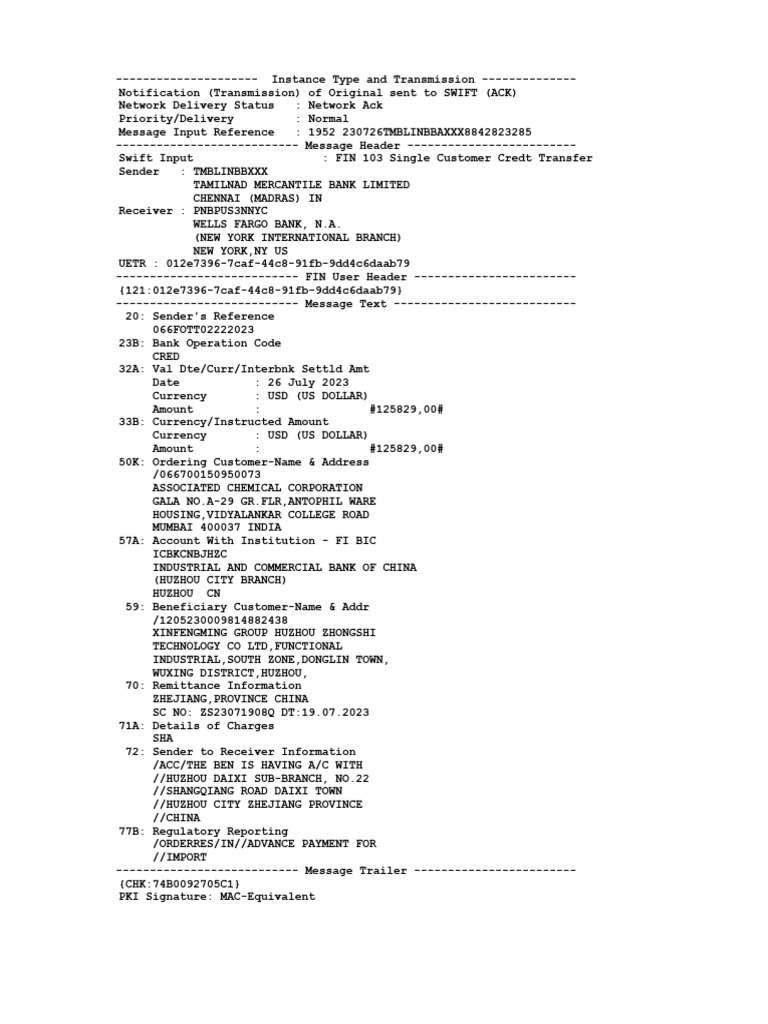 SWIFT FIN 103 Credit Transfer Details | PDF