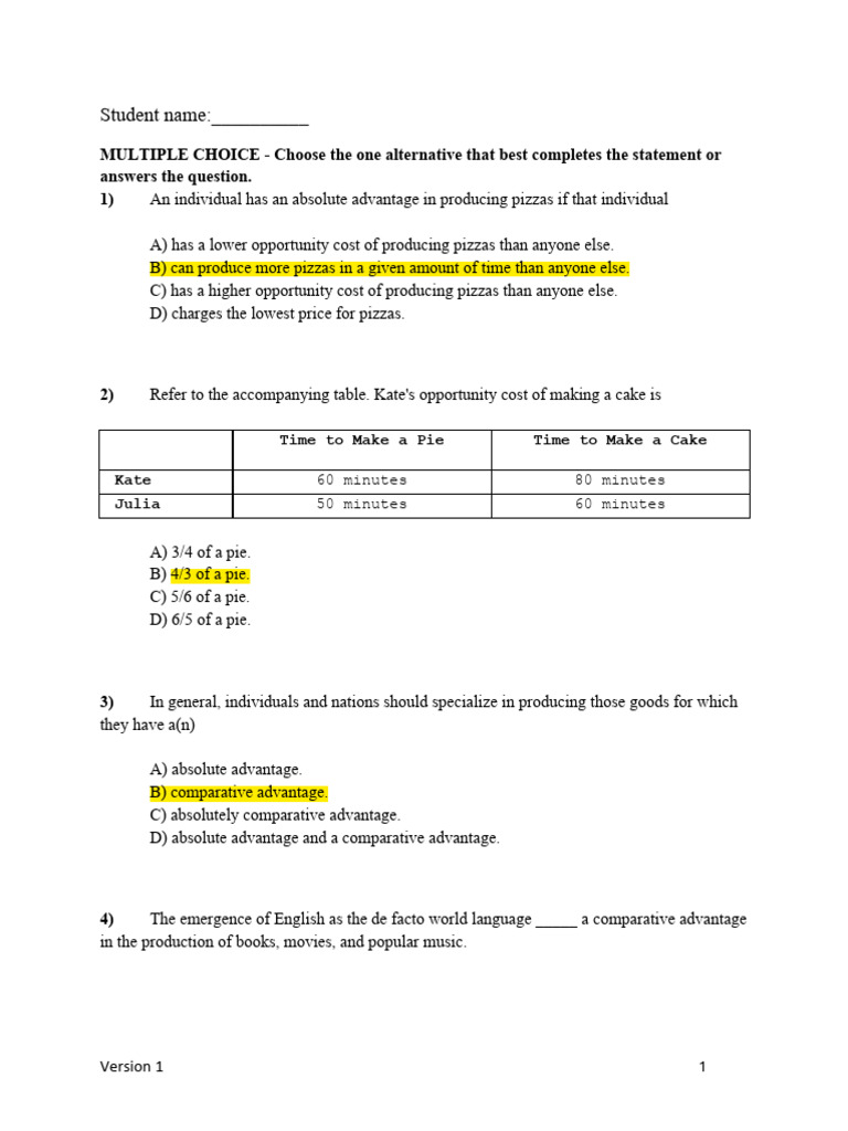Chapter 2 Quiz Version1 | PDF | Opportunity Cost | Comparative Advantage