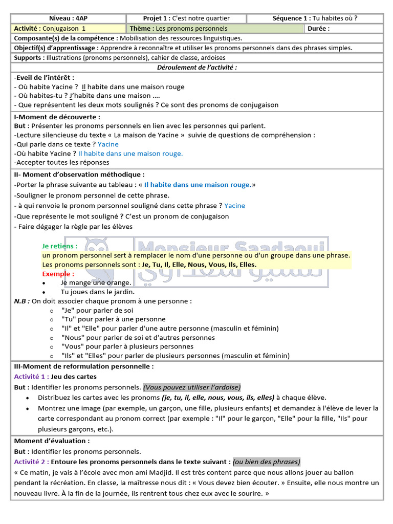 Apprendre les pronoms personnels en 4AP | PDF | Linguistique