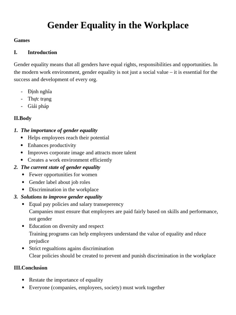 Gender Equality in The Workplace Outline Presentation Term 1 Group 4 | PDF