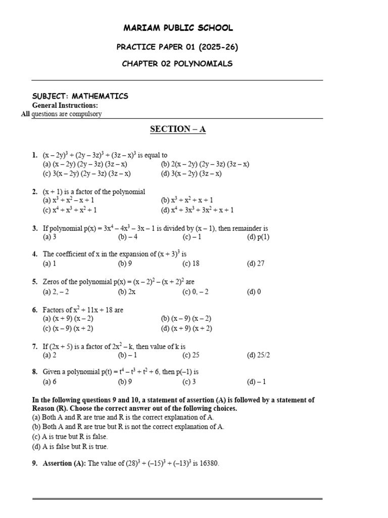Mathematics Practice Paper on Polynomials | PDF | Polynomial | Algebra