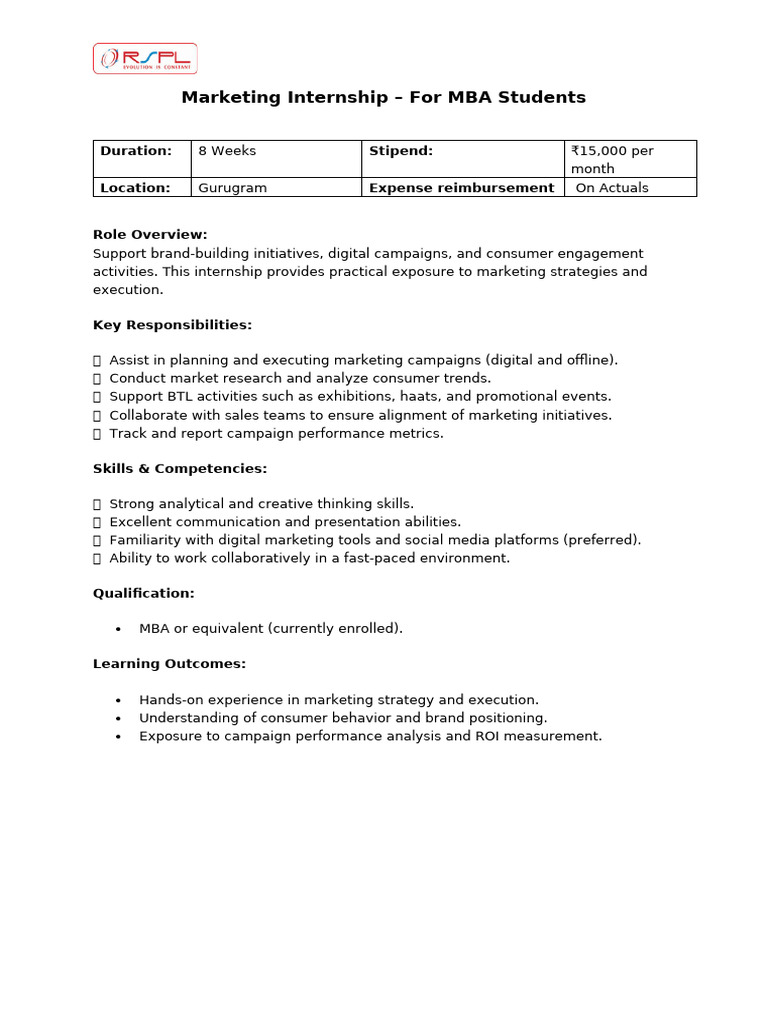 MBA Marketing Internship in Gurugram | PDF