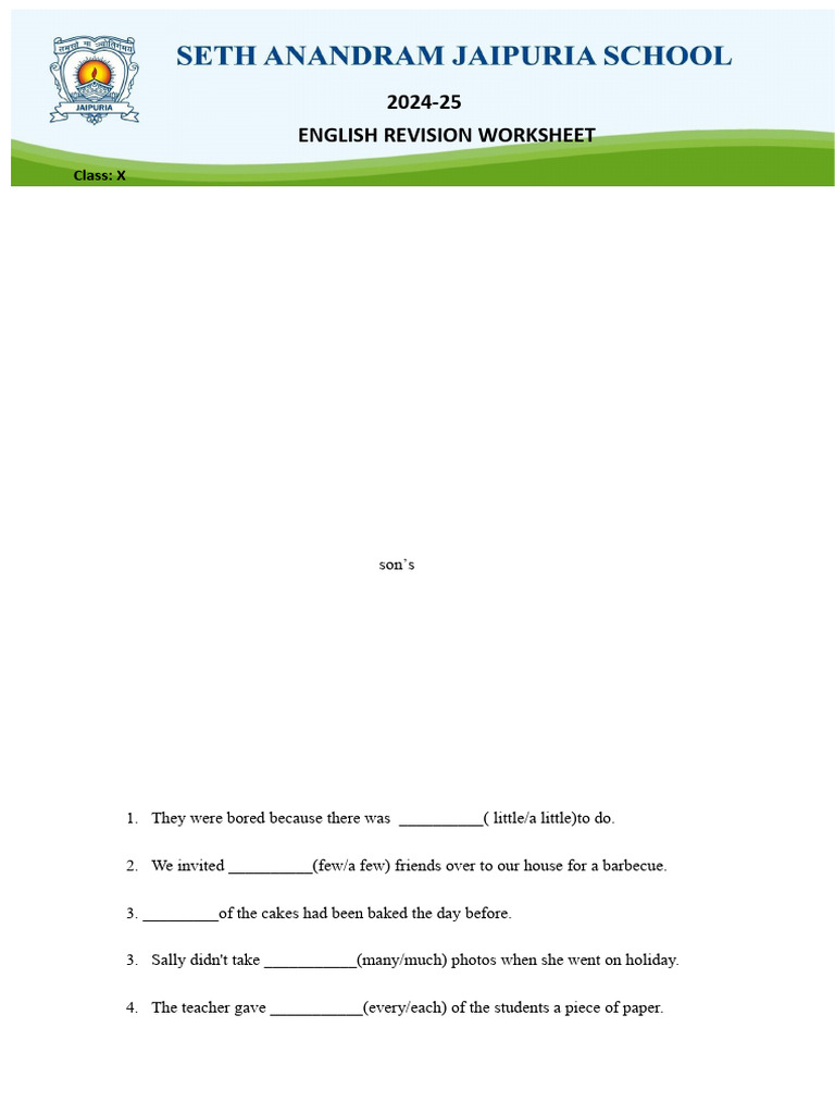 English Revision Worksheet 2024-25 | PDF | Grammatical Number | Plural