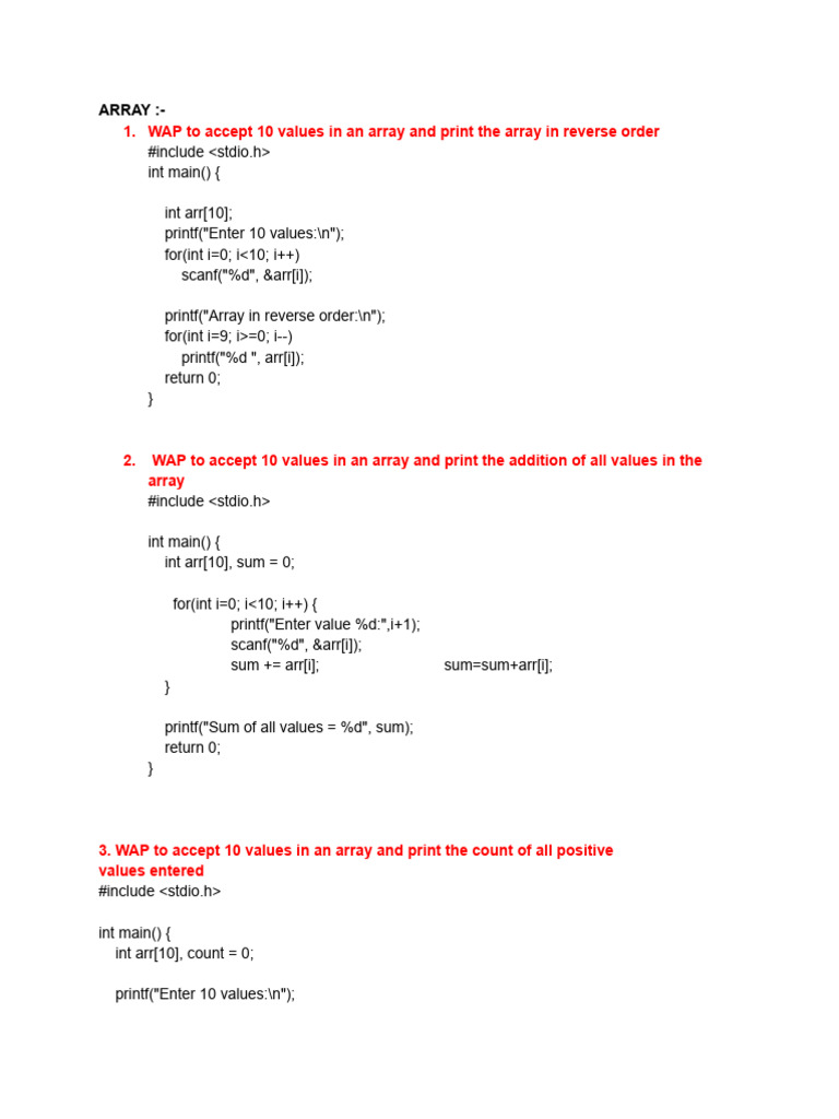 C Array Programs: Input, Output, Count | PDF | Computer Programming ...