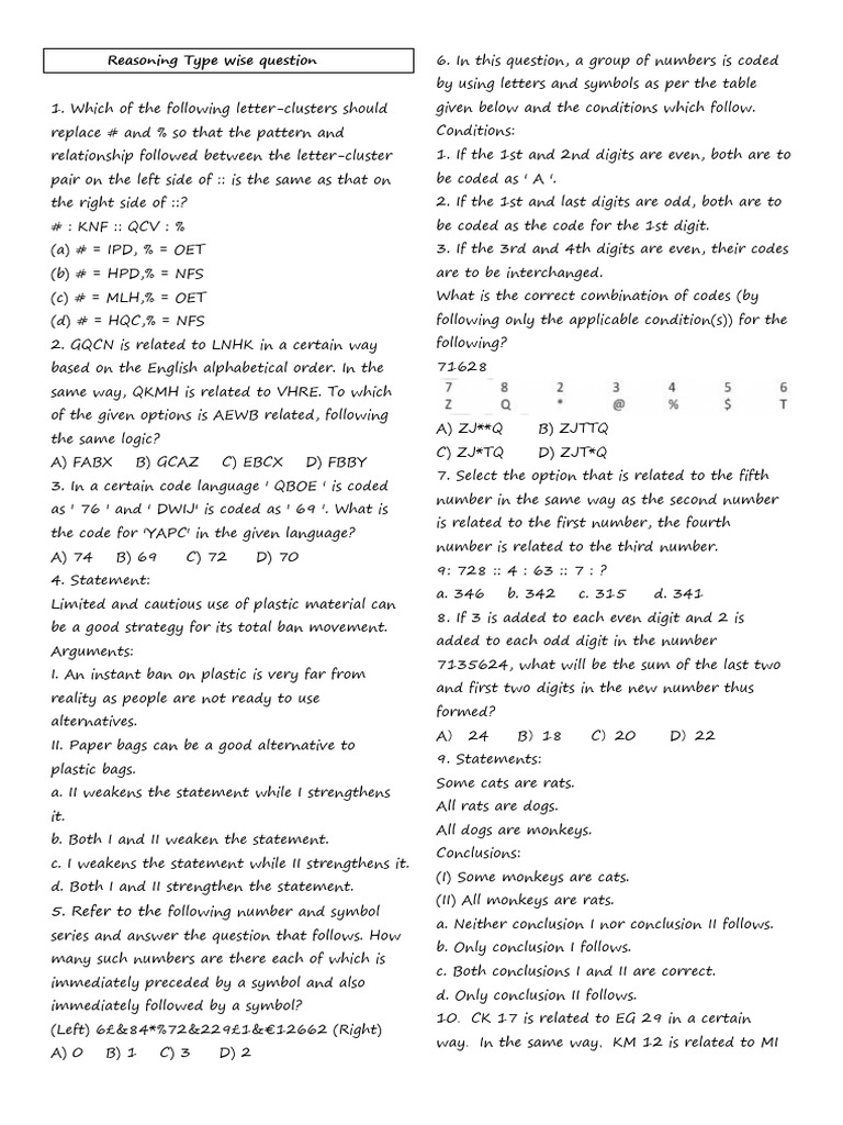 Reasoning Type Wise Question.docx 16-12-25 | PDF | Linguistics