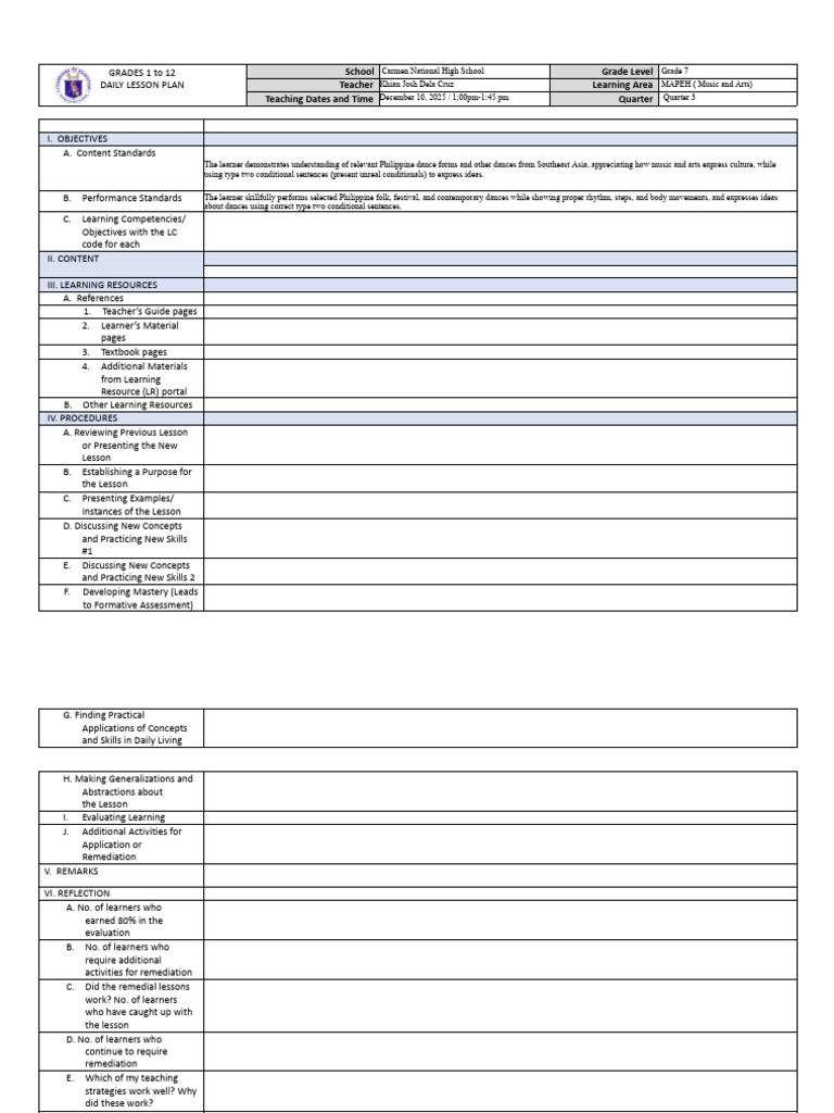 Grade 7 MAPEH Daily Lesson Plan | PDF | Learning | Lesson Plan