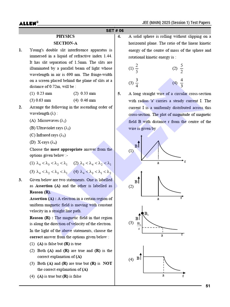 JEE Main 2025 Physics Test Paper Set 06 | PDF | Wavelength | Light