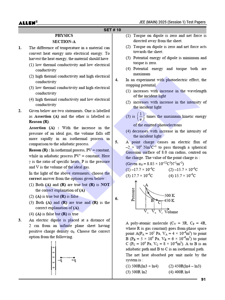 JEE Main 2025 Physics Test Paper Set 10 | PDF | Electrical Resistivity ...